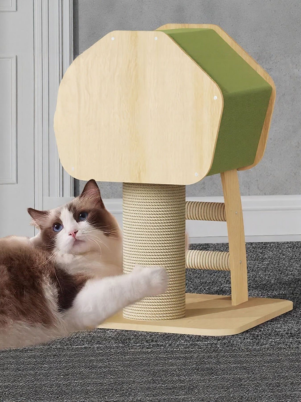 Wood and green cat scratching tower with sisal post and cubby opening; cat at side