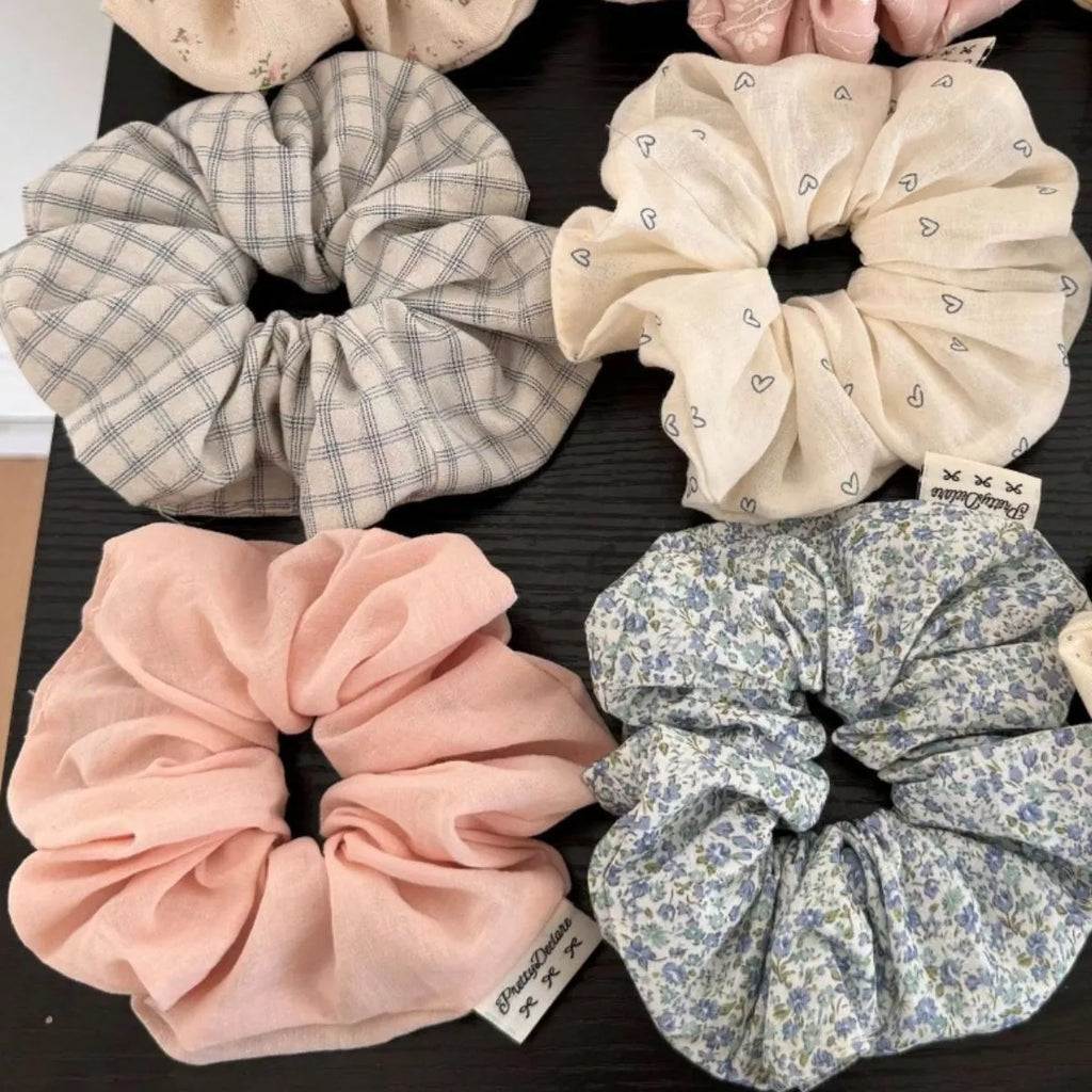 6-piece hair scrunchie set: plaid, floral, hearts, and pastel scrunchies