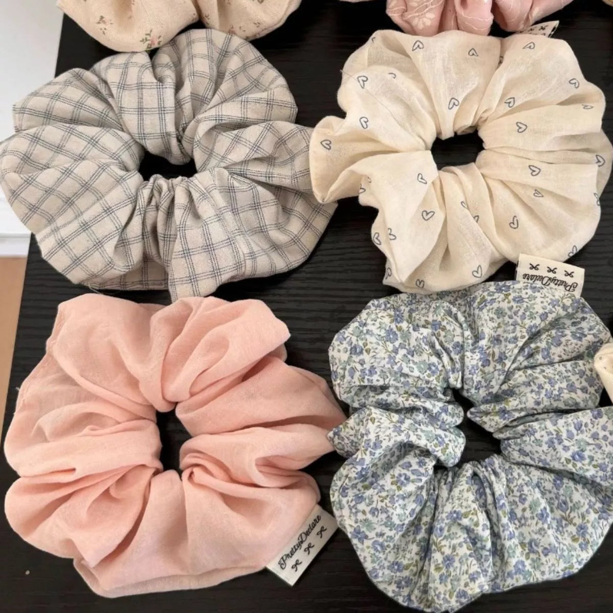 6-piece hair scrunchie set: plaid, floral, hearts, and pastel scrunchies