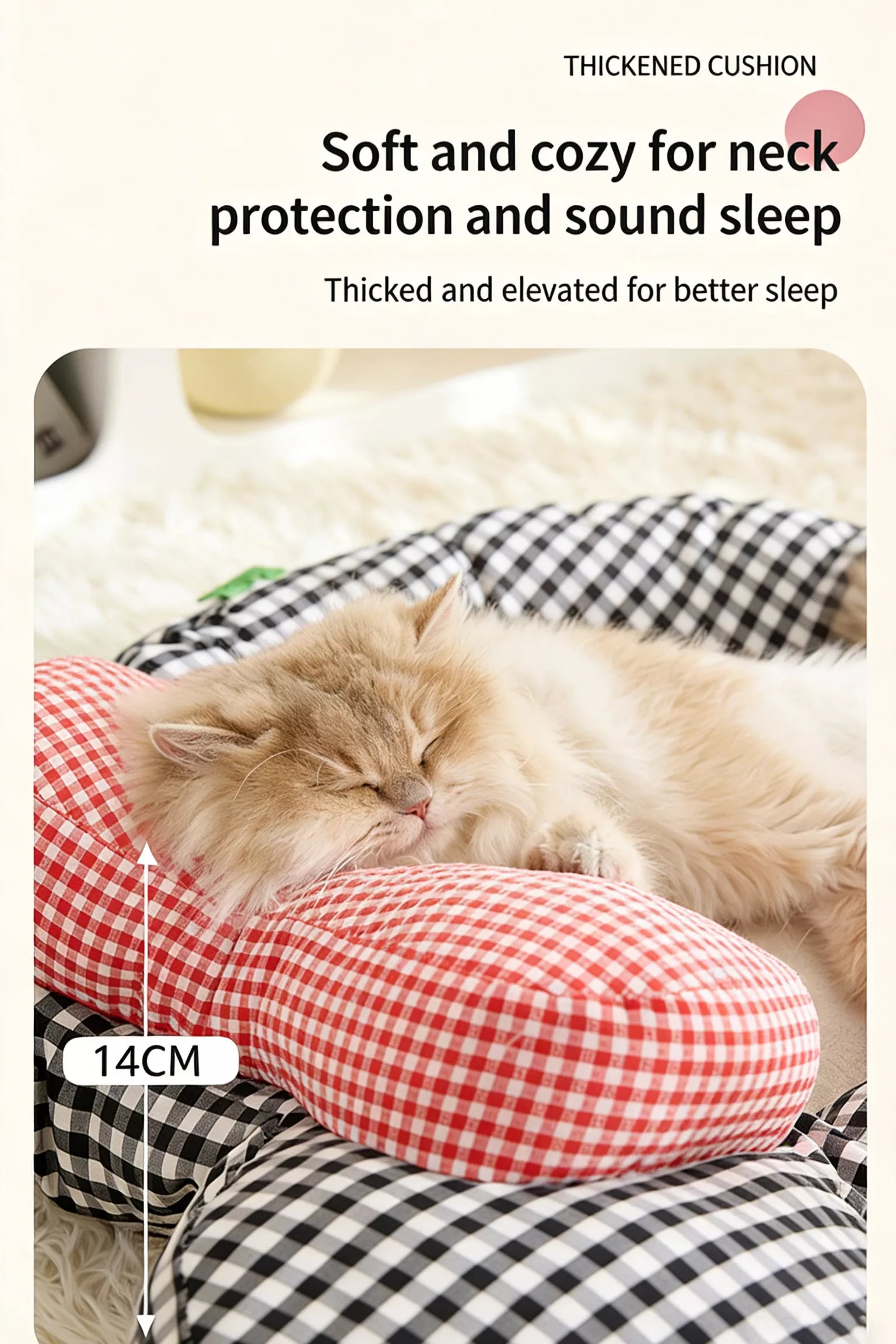Thick cushioned plaid pet mat with red check bow bolster, sleeping cat