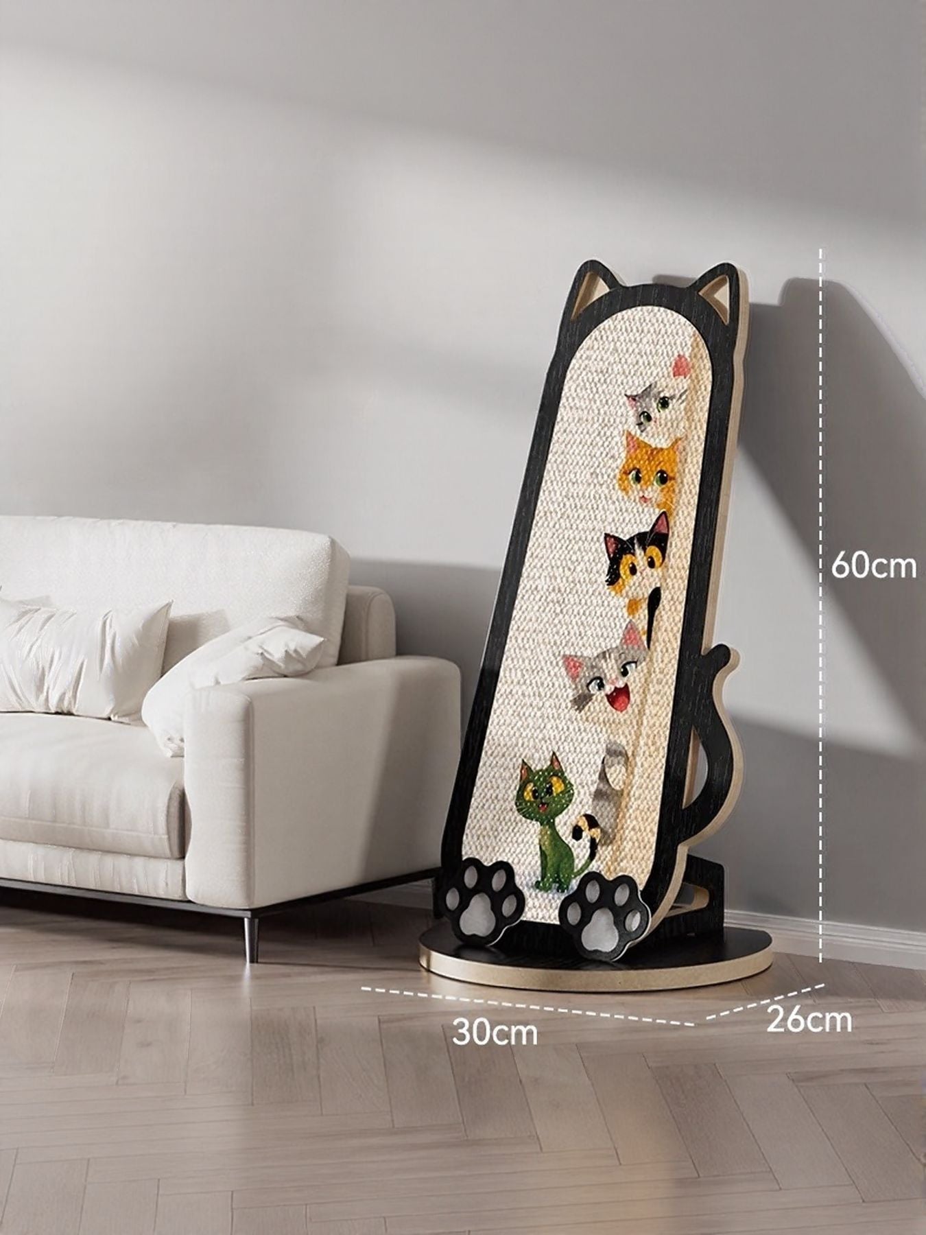 Cat-shaped scratching post, printed kittens on tan sisal with black base, 60×30×26cm