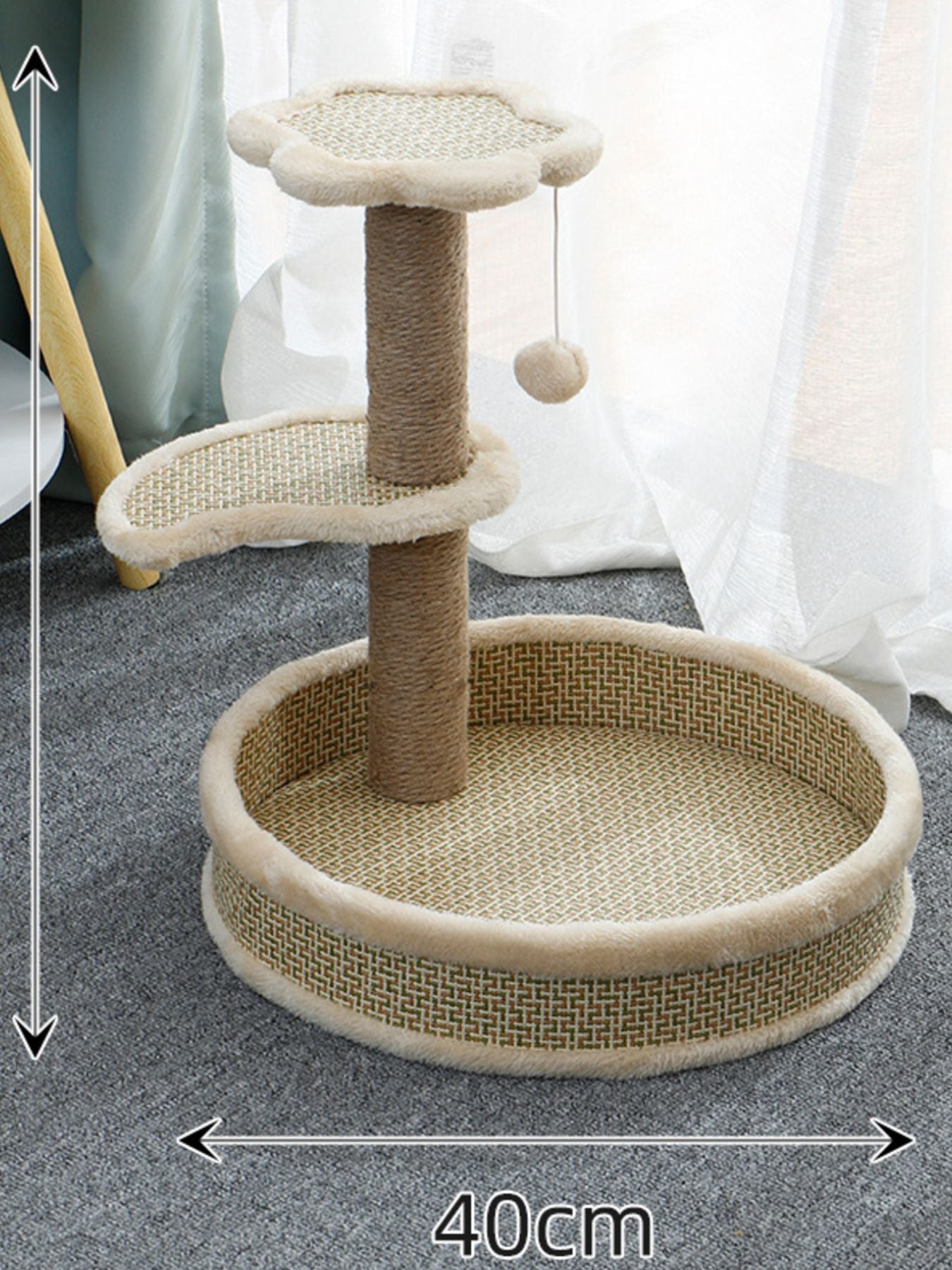Cat scratching post with cat bed and toy: beige woven bed with cream padded edges