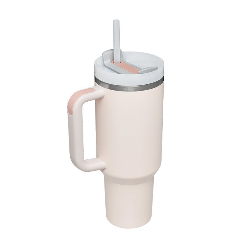 40 oz Tumbler mit Griff, cremeweiß, Deckel mit Strohhalm, vakuumisoliert, Edelstahl