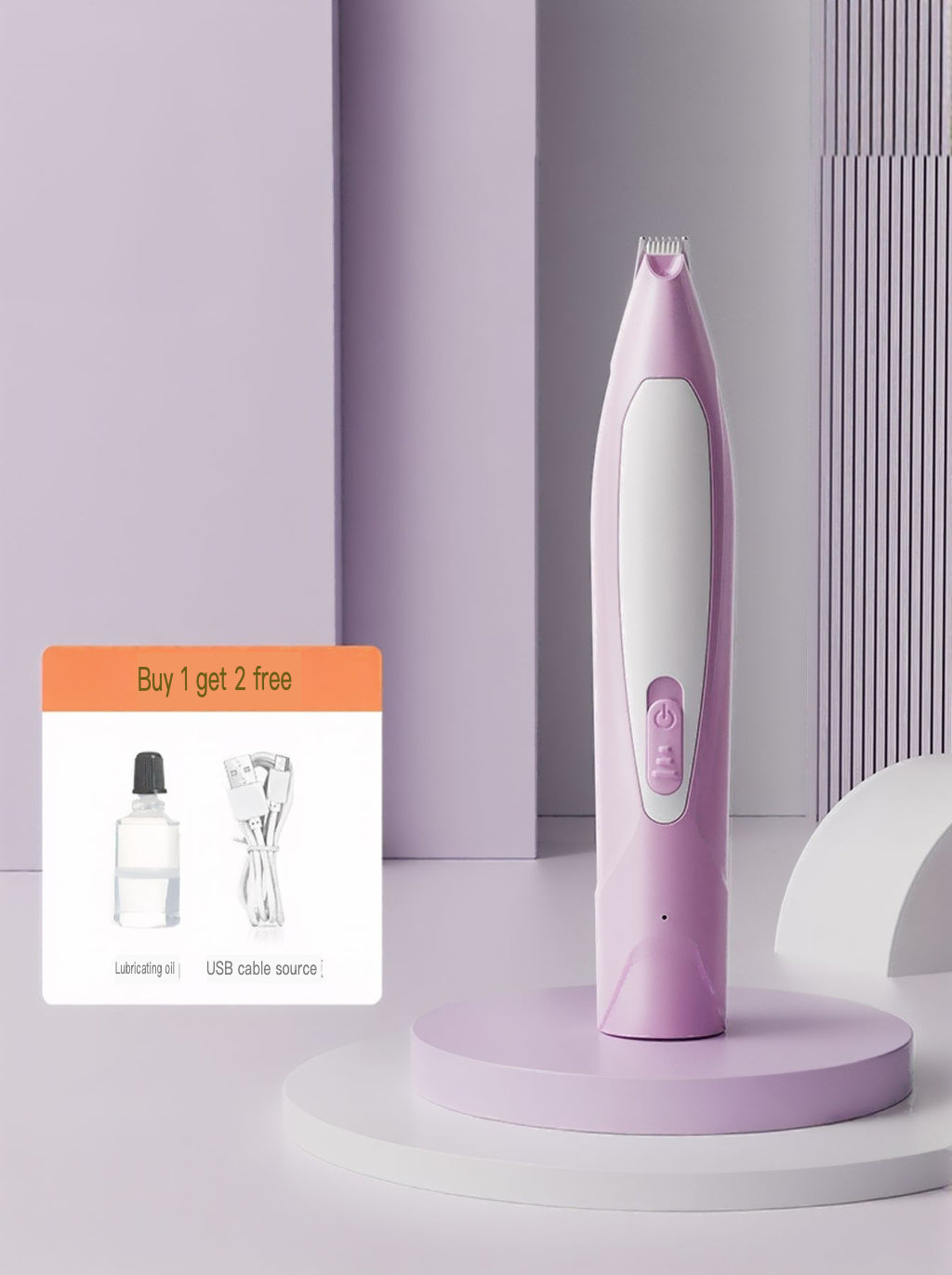 LED rechargeable pet paw trimmer in purple, upright on display