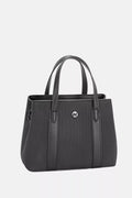 Black canvas handbag with leather trim, top handles and front logo plaque