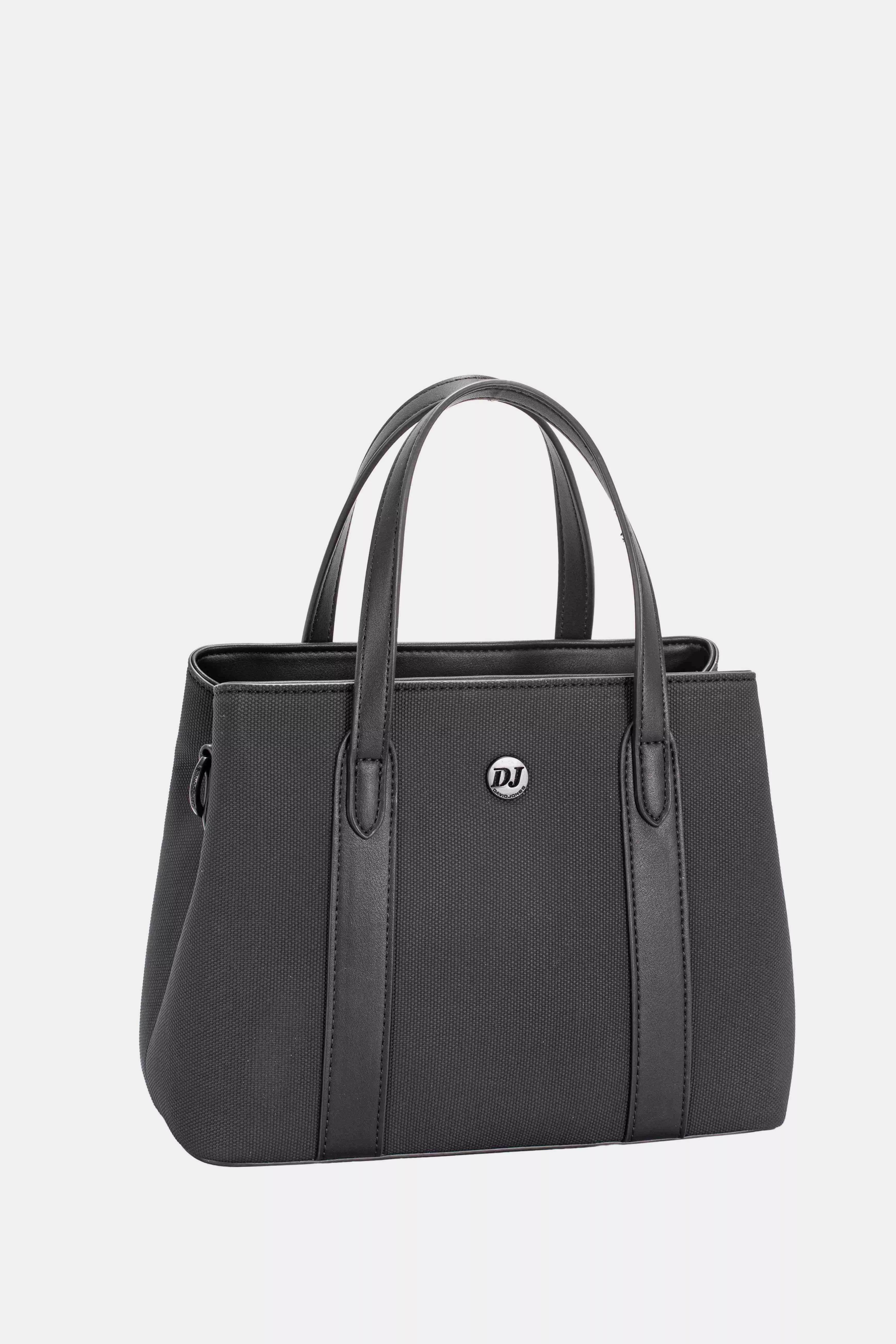 Black canvas handbag with leather trim, top handles and front logo plaque