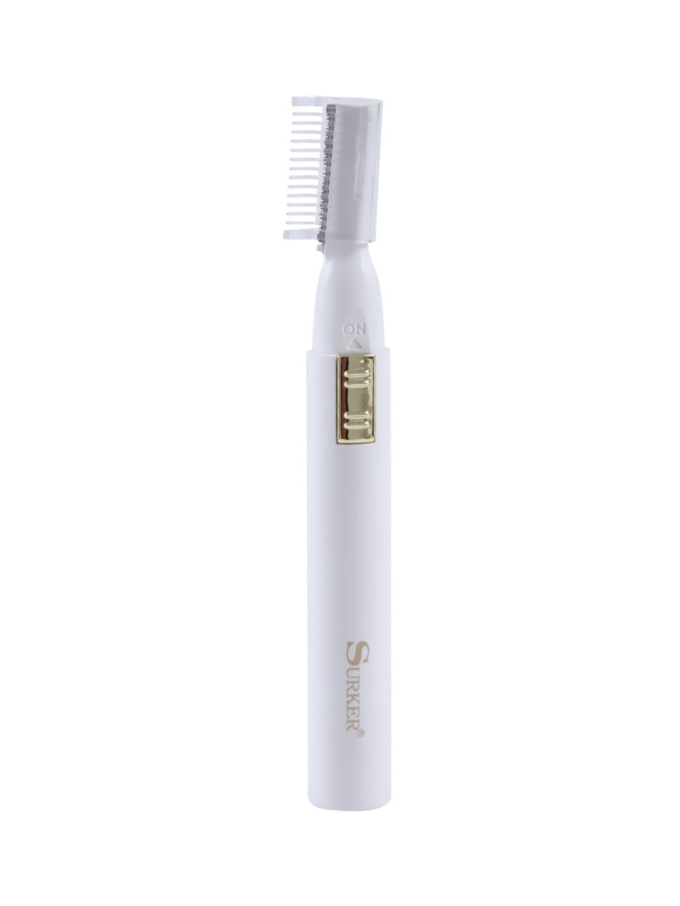 Portable eyebrow trimmer in white with comb attachment