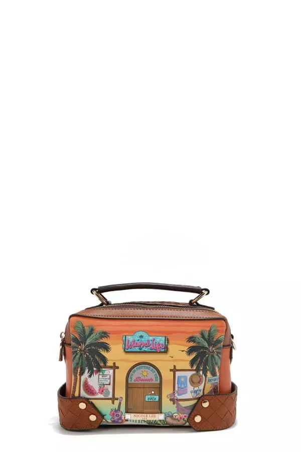 Sun and Sand patterned mini satchel bag with top handle and front button pockets