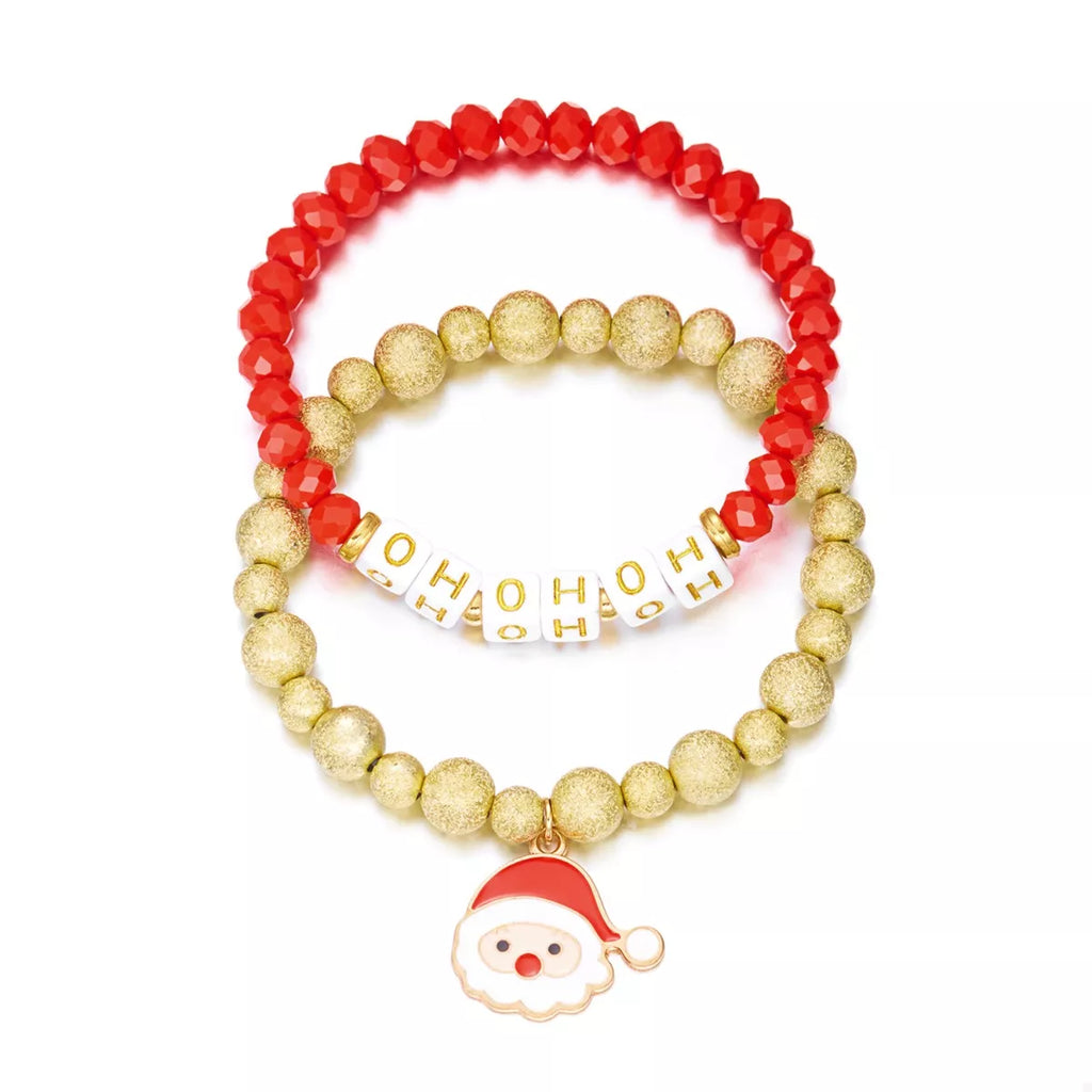 Red and gold beaded bracelets with HO HO HO spacer beads and Santa charm