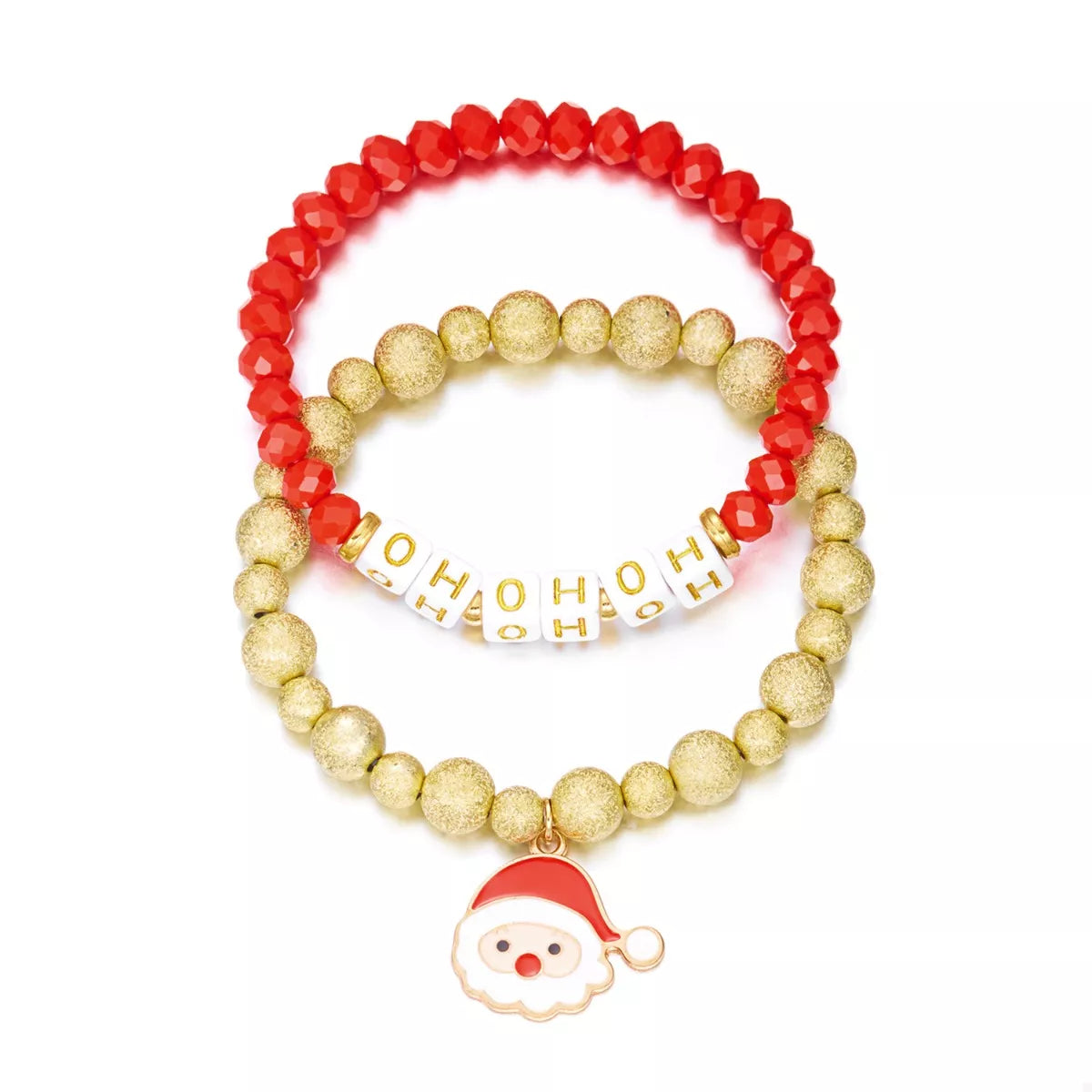 Red and gold beaded bracelets with HO HO HO spacer beads and Santa charm