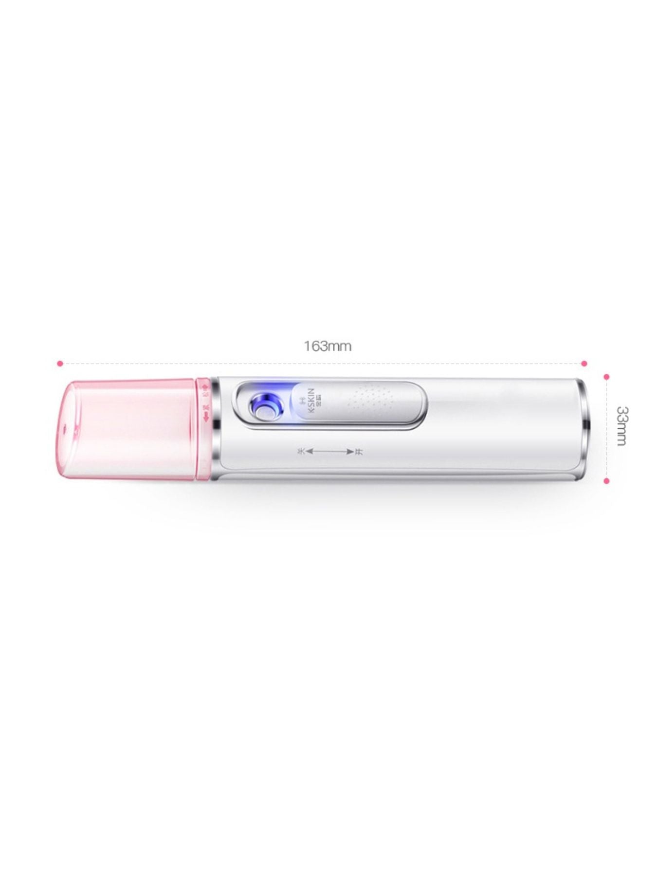 Portable facial mister sprayer dimensions shown: 163mm length, 38mm width