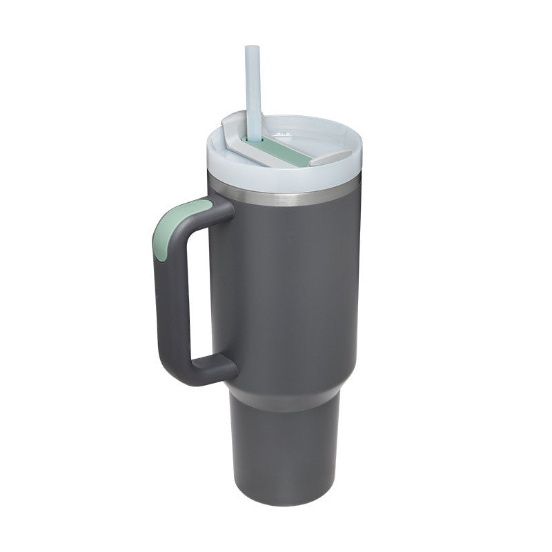 Charcoal 40 oz insulated tumbler with mint handle, clear straw, and lid