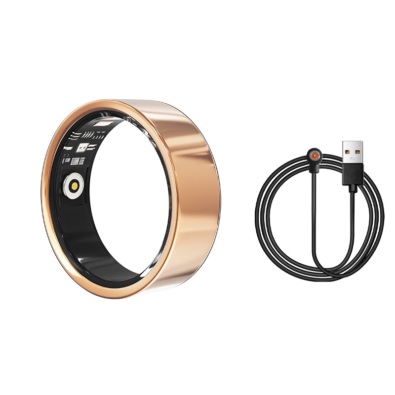 Gold smart ring tracker with display panel and USB charging cable