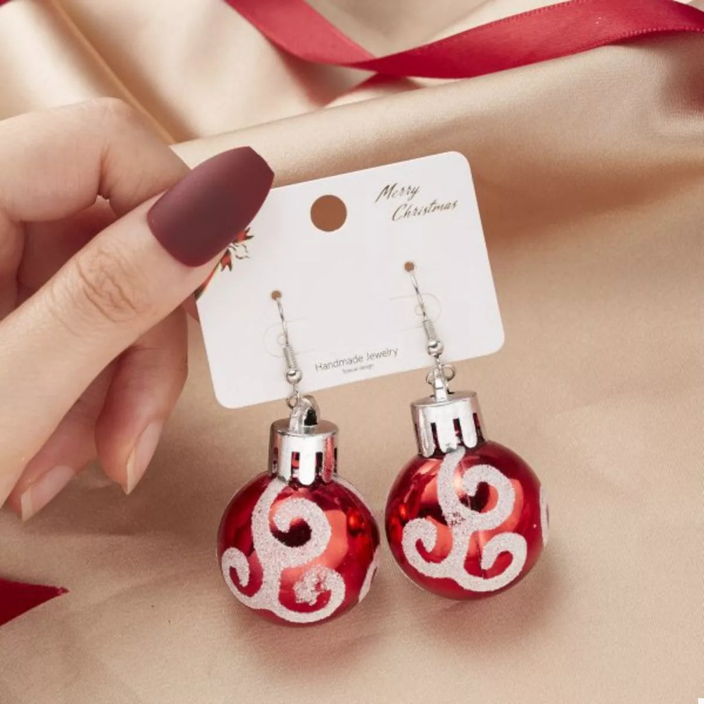 Christmas ball drop earrings in red with silver-tone cap and dangle hook