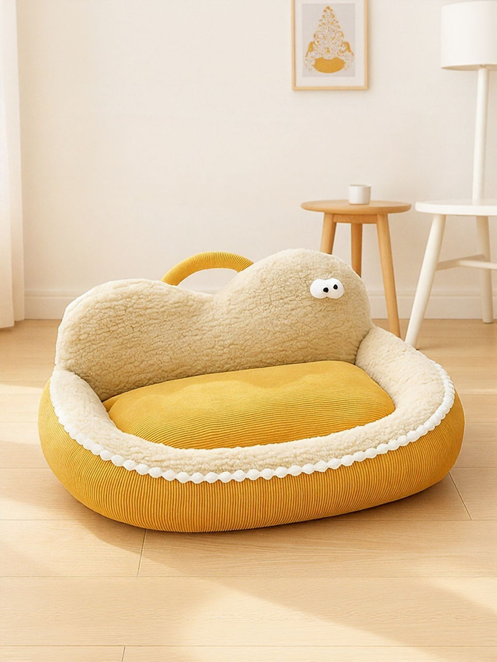 Cartoon Cozy Pet Nest yellow round pet bed with fluffy plush rim and cushioned insert