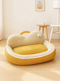 Cartoon Cozy Pet Nest yellow round pet bed with fluffy plush rim and cushioned insert