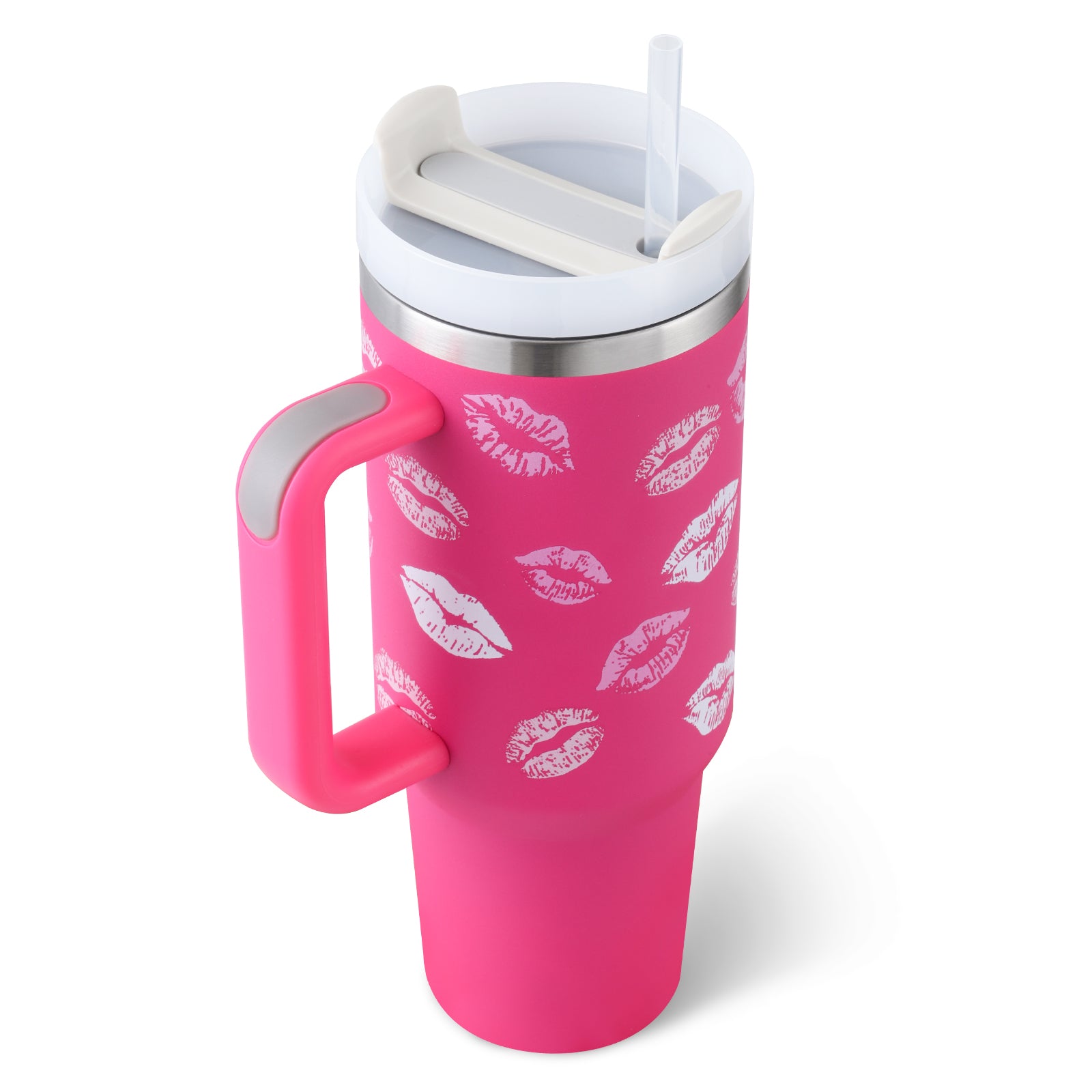 40 oz insulated tumbler with handle, straw & lid in hot pink with lips pattern