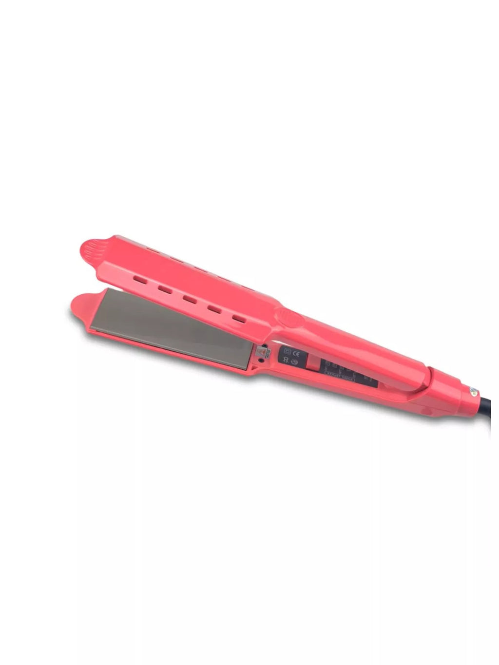 Strawberry pink hair straightener side view with LED control panel and plates