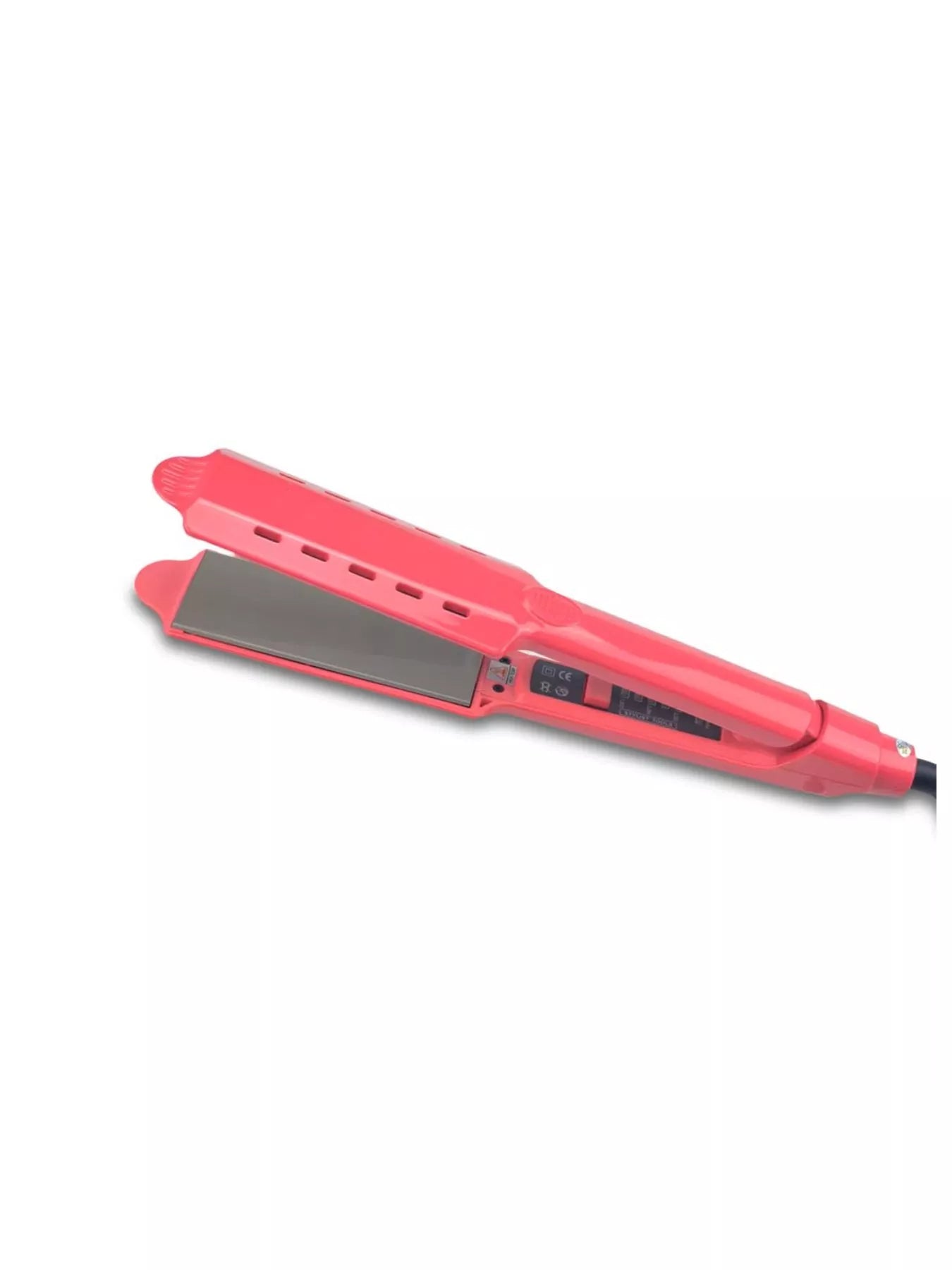Strawberry pink hair straightener side view with LED control panel and plates