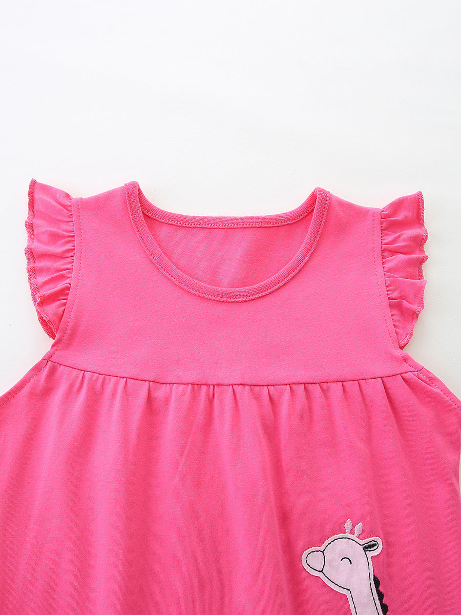 Hot pink ruffle-sleeve top with crew neck and gathered chest, giraffe applique