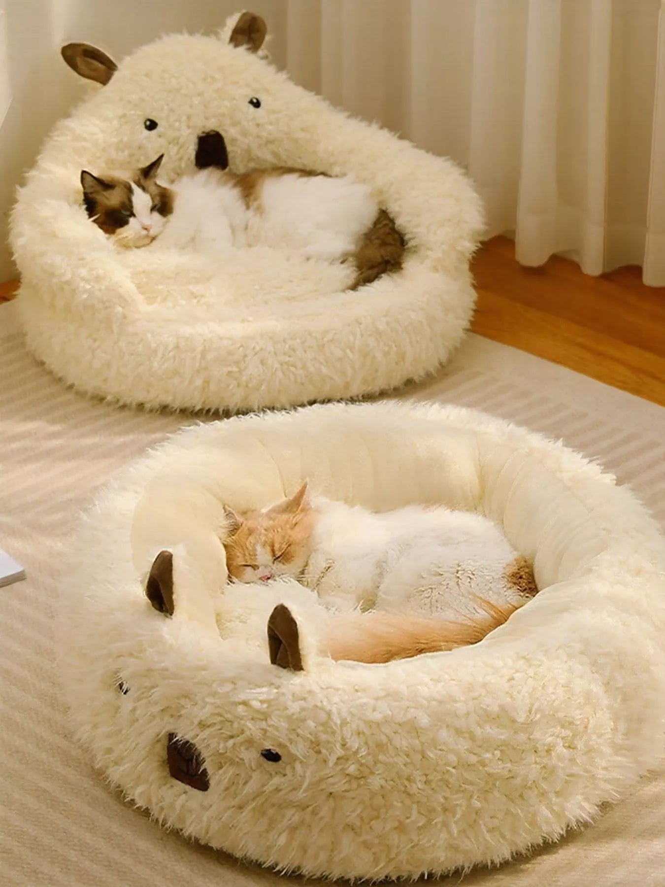 Style 2: Bear-shaped cream plush pet nest, kitten napping inside