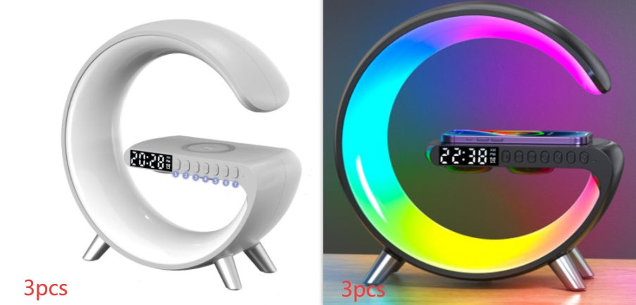 G-shaped LED lamp with Bluetooth speaker and digital clock, white/black shown, 3-pack
