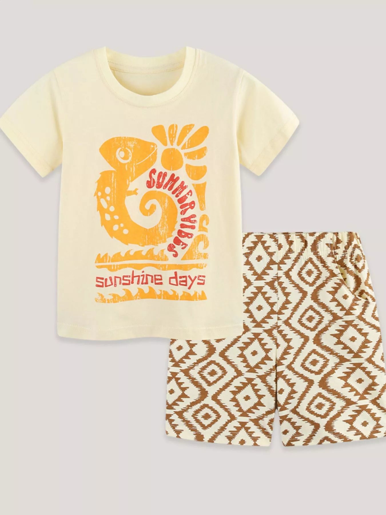 Pastel Yellow T-shirt with sun graphic and geometric shorts set, tan/brown pattern