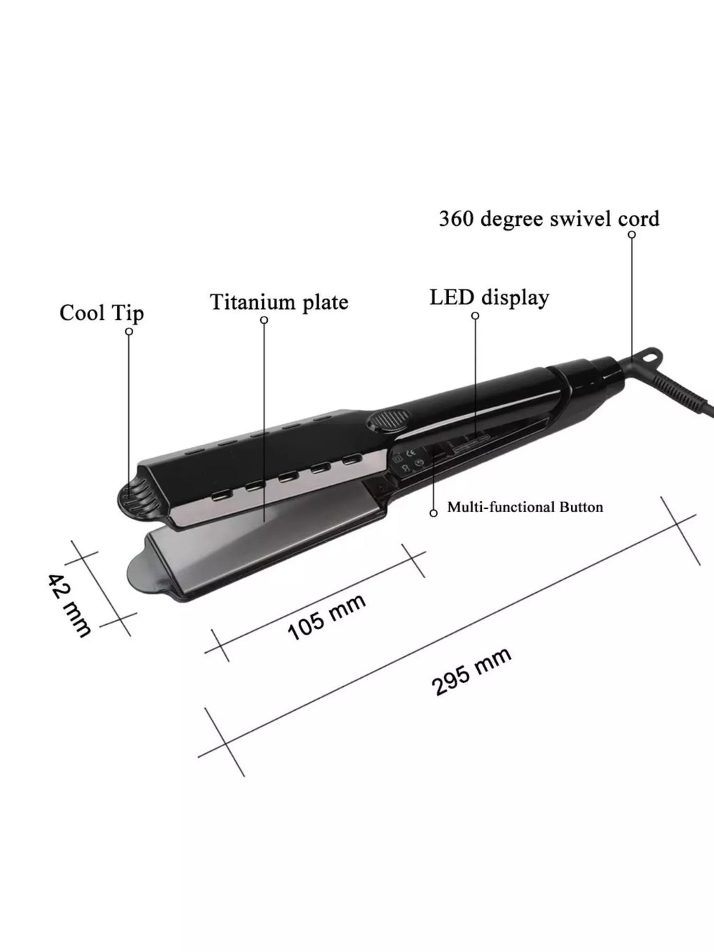 Black wide-plate hair straightener showing LED display, titanium plate labels, dimensions