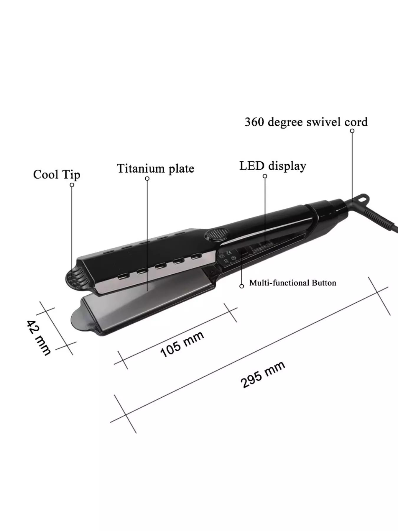 Black wide-plate hair straightener showing LED display, titanium plate labels, dimensions