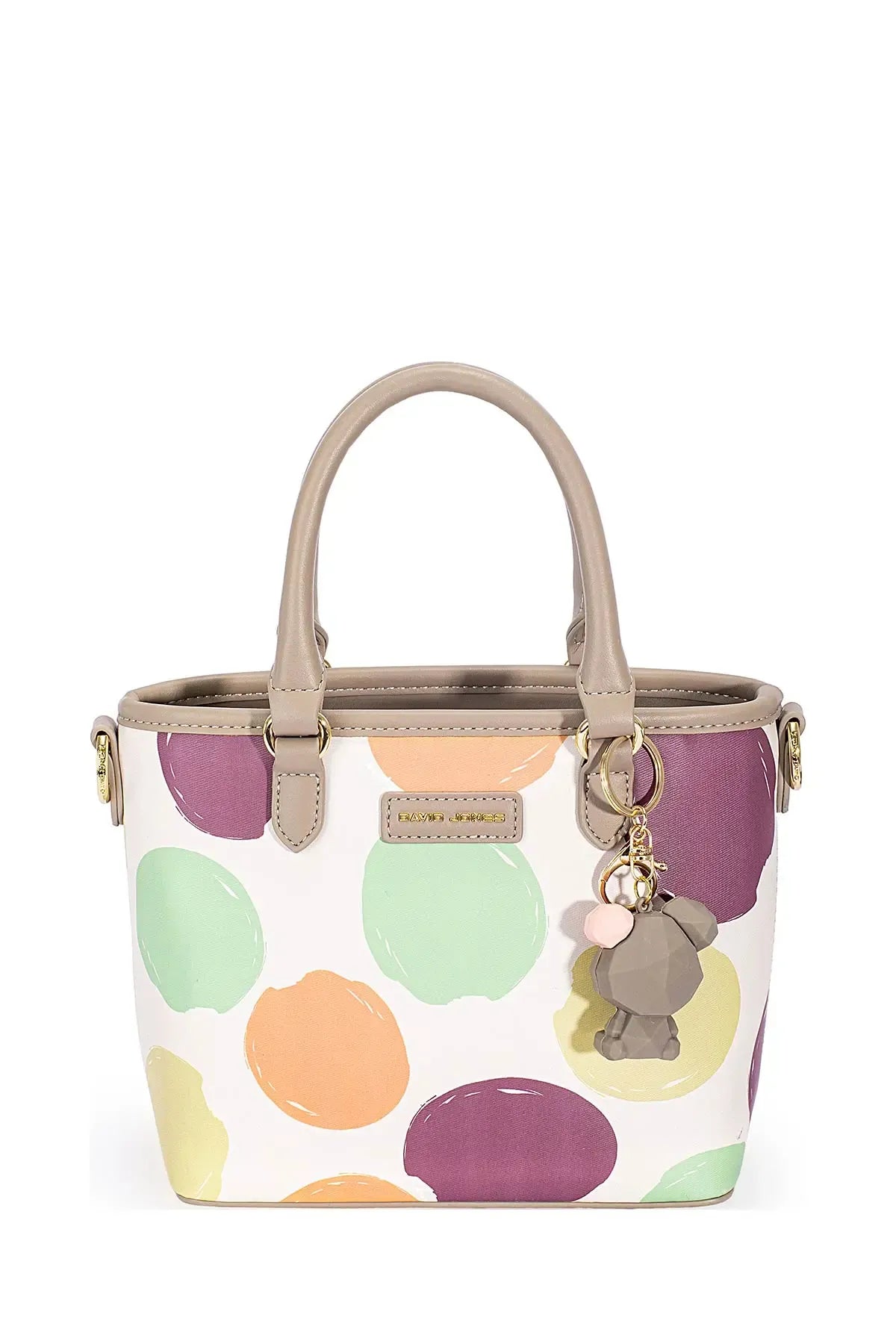 Almond milk colorful polka dot handbag with top handles and gold zipper hardware