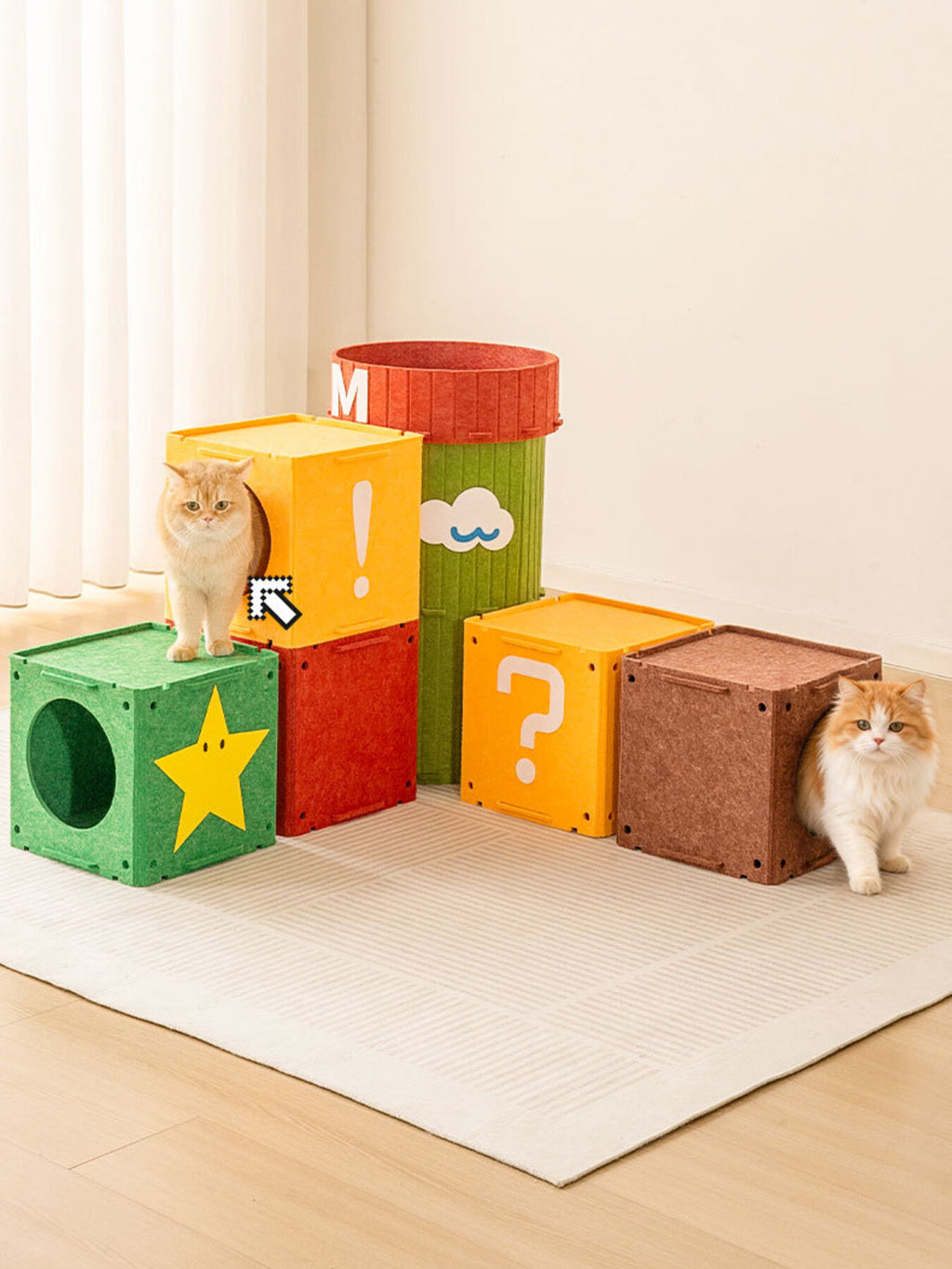 Interactive cube cat house & tunnel, red/green with M label, cloud and star graphics
