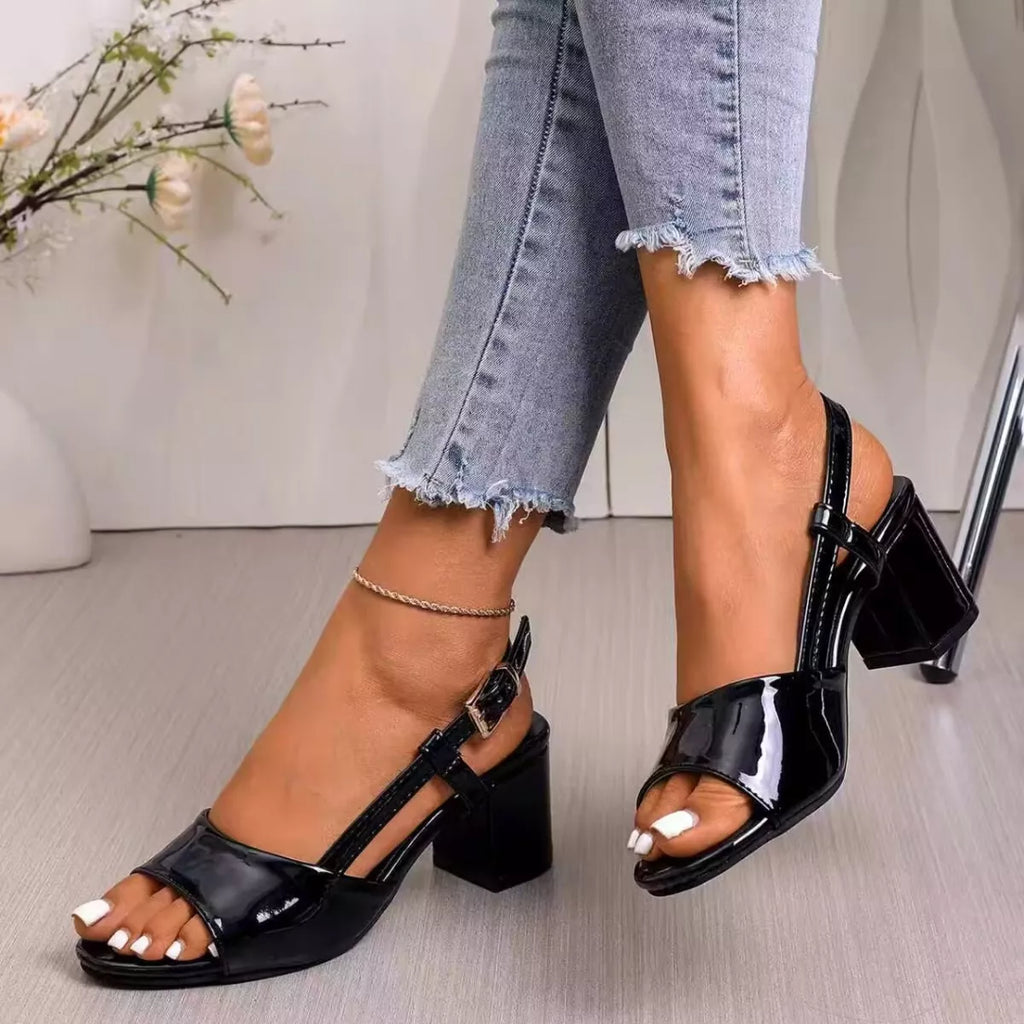 Open Toe Block Heels Sandals: black strappy sandals with chunky block heel and buckle