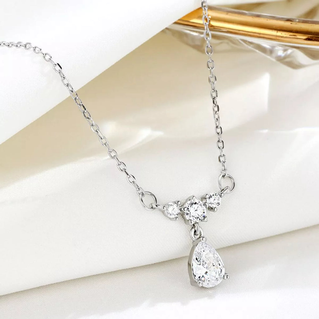 925 sterling silver teardrop zircon necklace with round sparkle accents and dangling teardrop