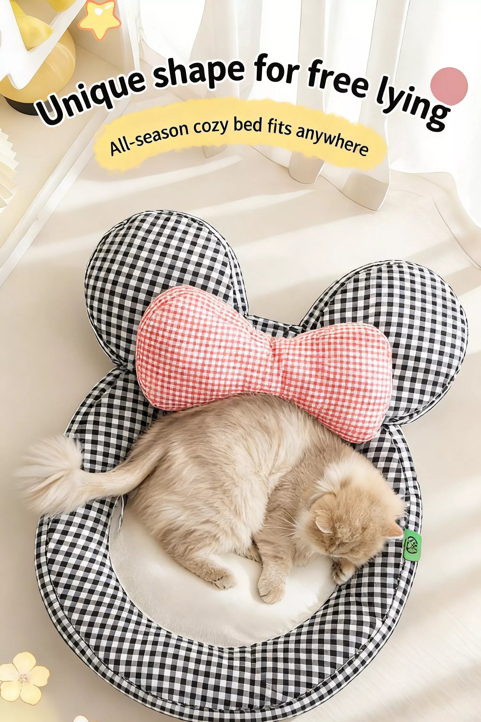 Plaid pet mat with red check bow pillow, cozy cushioned bed for small pets