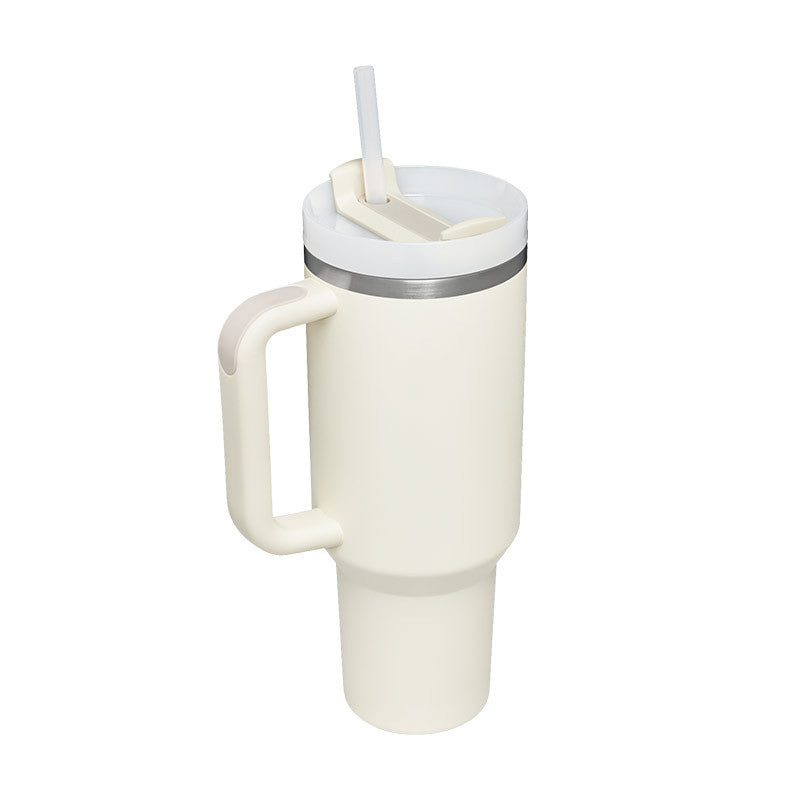 40 oz Tumbler mit Griff, cremeweiß, Deckel mit Strohhalm, vakuumisoliert, Edelstahl
