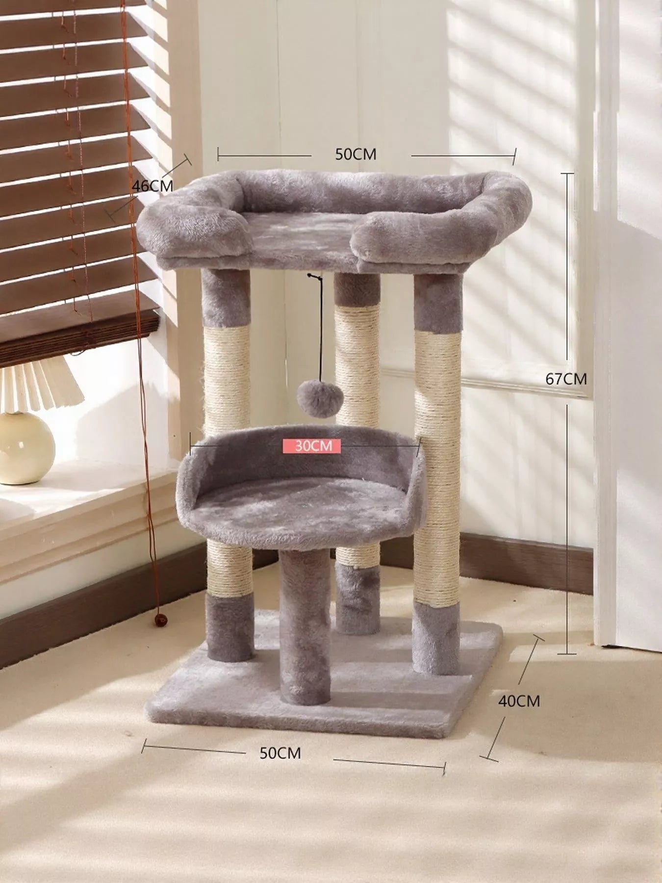 Grey plush cat tree condo with top and middle cubby beds, round perch, and sisal posts