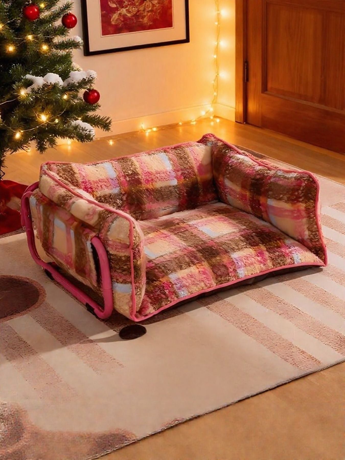 Plüsch-Pet-Sofa mit Karomuster und breiten pinken Kanten; offenes Sitzteil