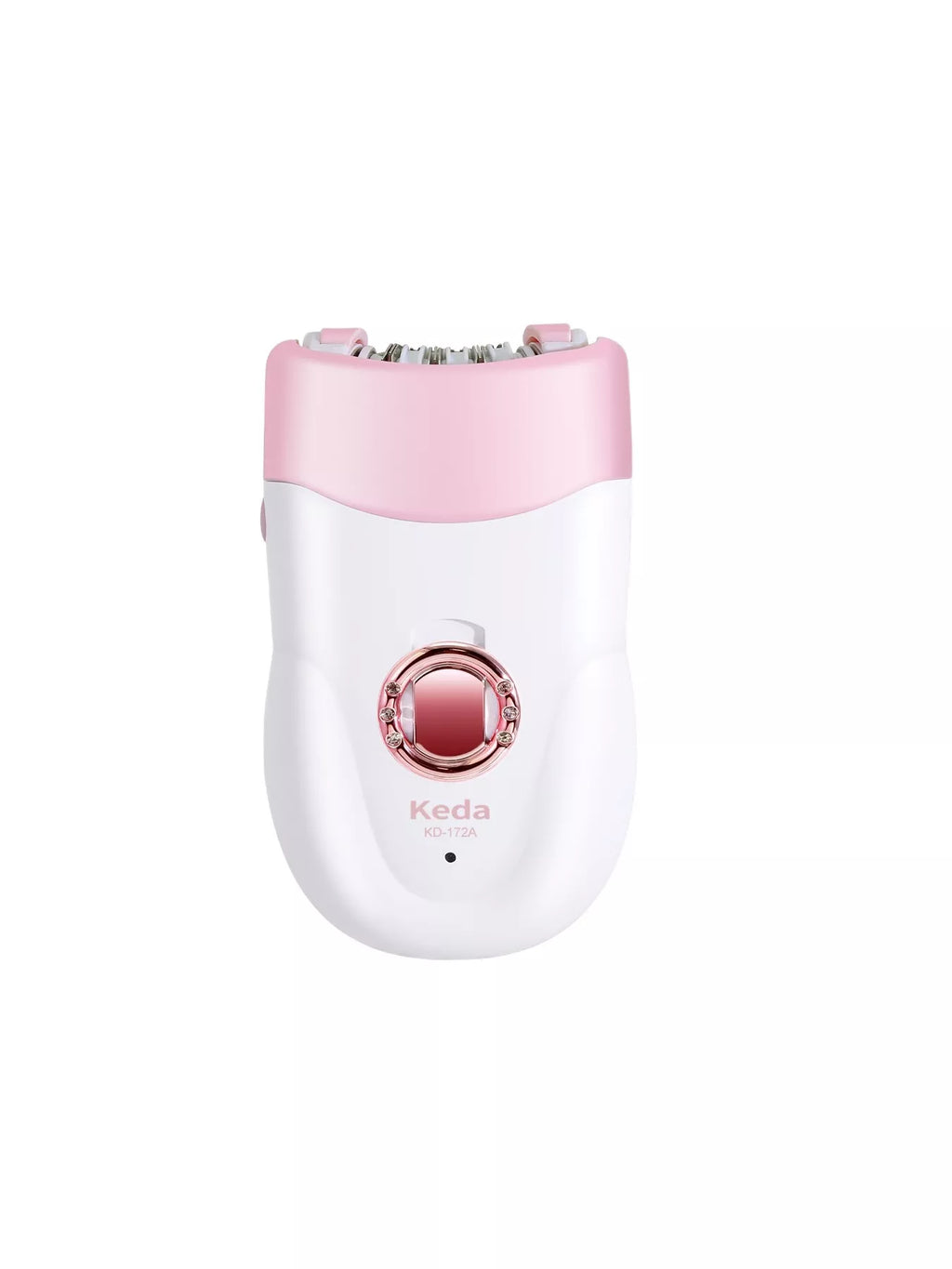 Electric clip hair remover face view: rose-gold ring, pink top over white body