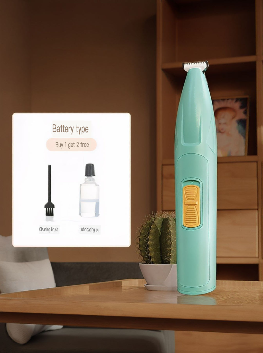Battery powered pet paw trimmer in mint green, upright on table