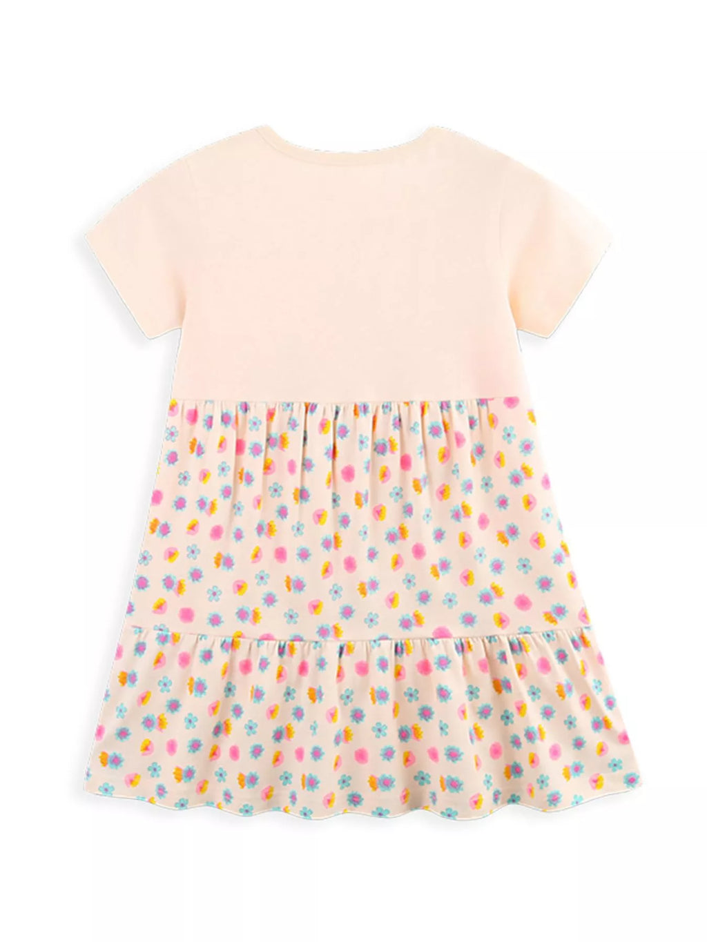 Back view: eggshell tiered dress with colorful floral print