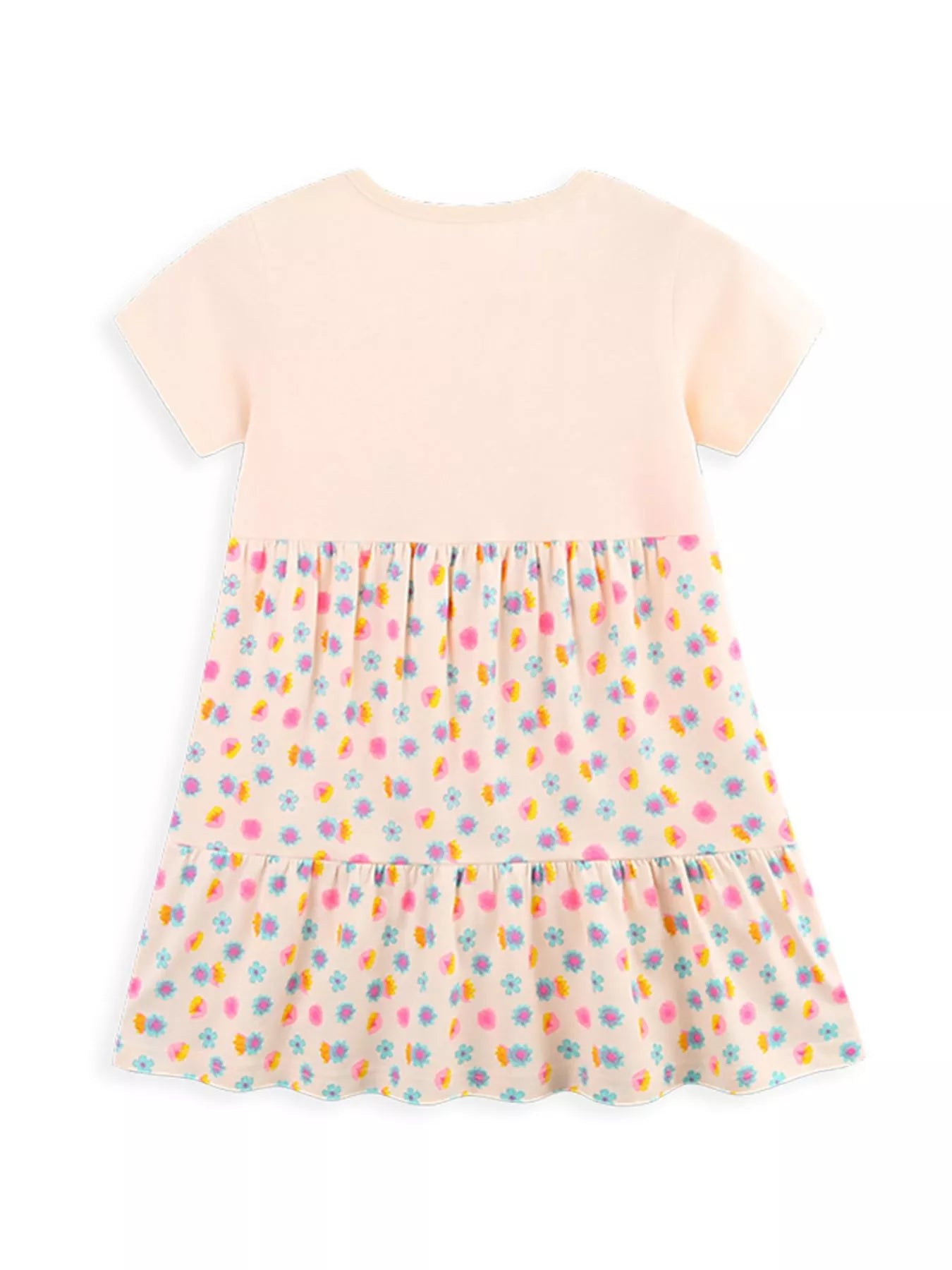 Back view: eggshell tiered dress with colorful floral print