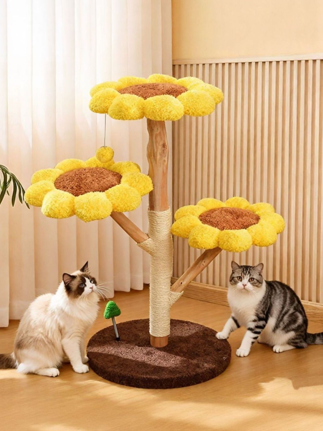 Girasol rascador para gatos de varios niveles, amarillo, con tres camas redondas