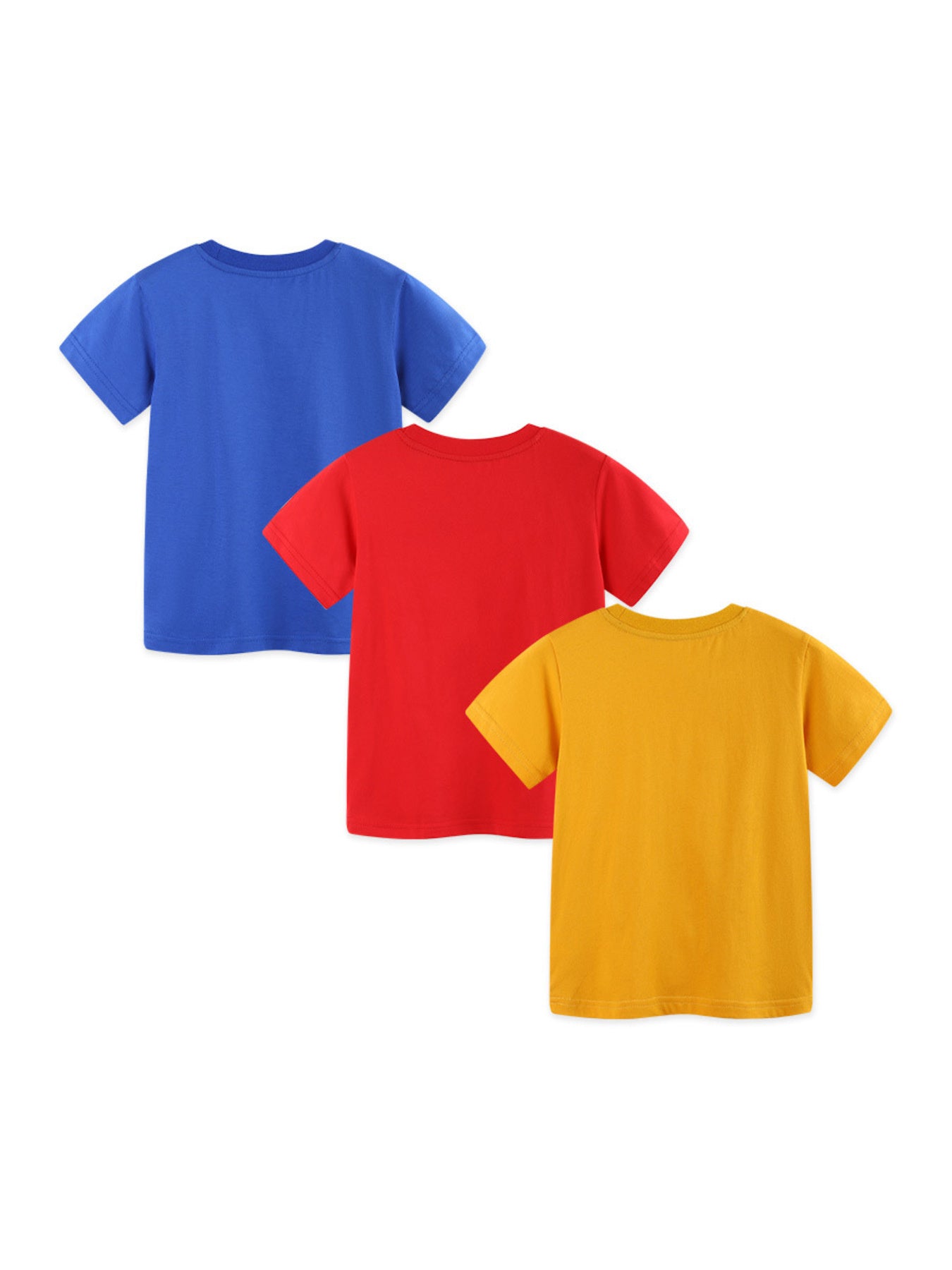 Kinder-T-Shirt Set mit 3 Farben: blau, rot und gelb, Tiermotive auf der Vorderseite