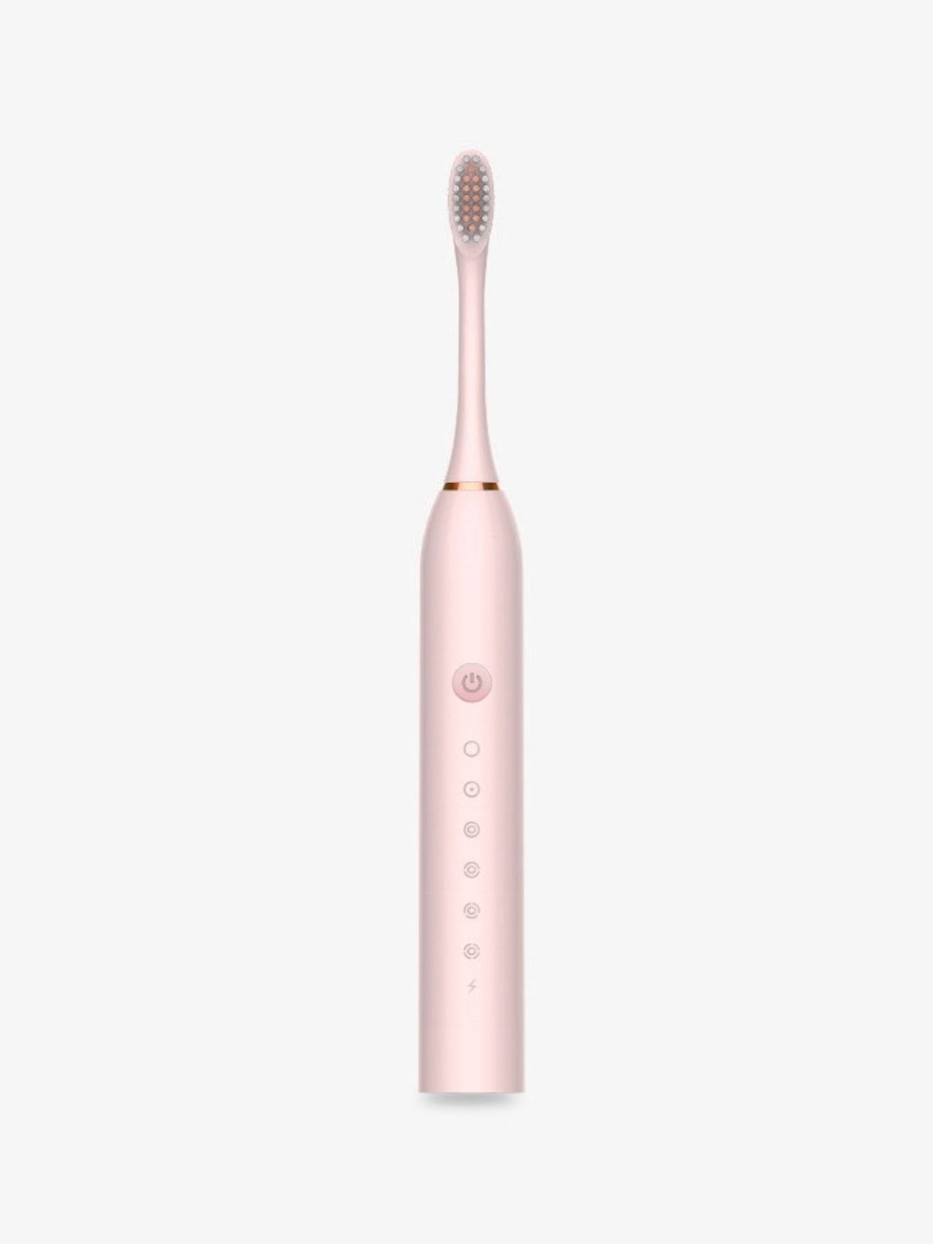 Blush pink electric toothbrush with rounded bristles and mode buttons