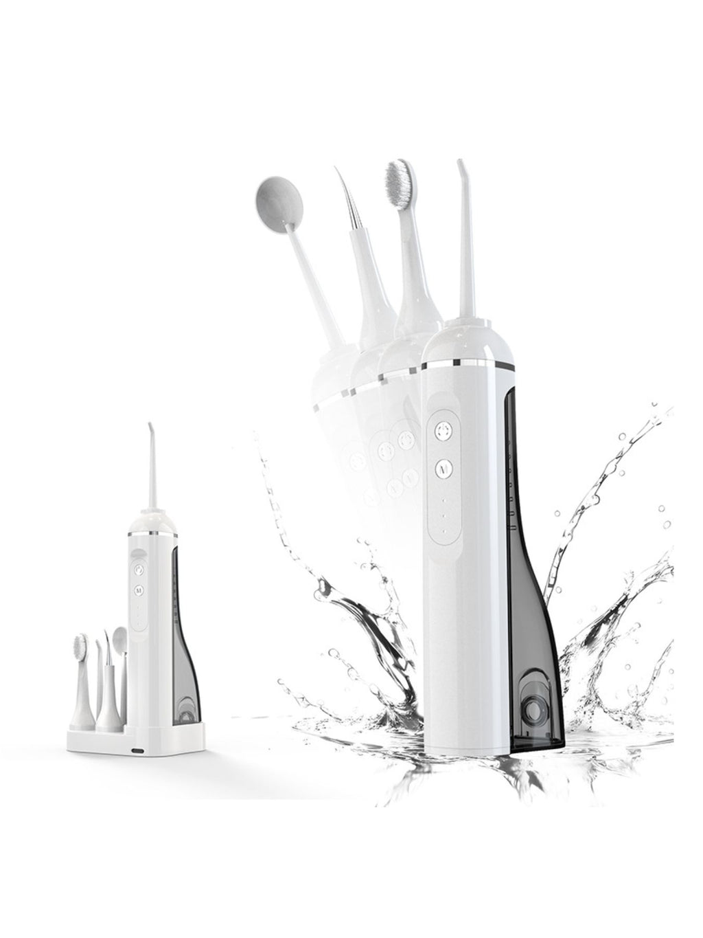 White water flosser with multiple tips standing upright with water spray