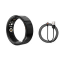 Black smart ring tracker with display panel and USB charging cable