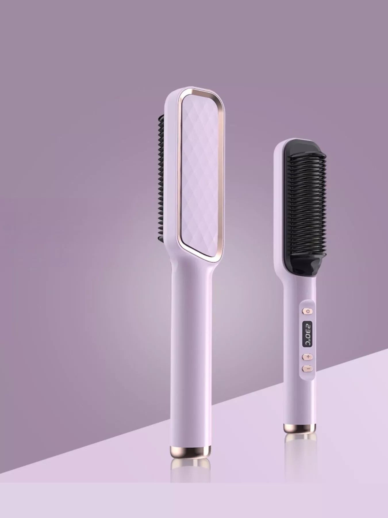 Lavender ceramic straightening comb with black ridged brush head and heat controls