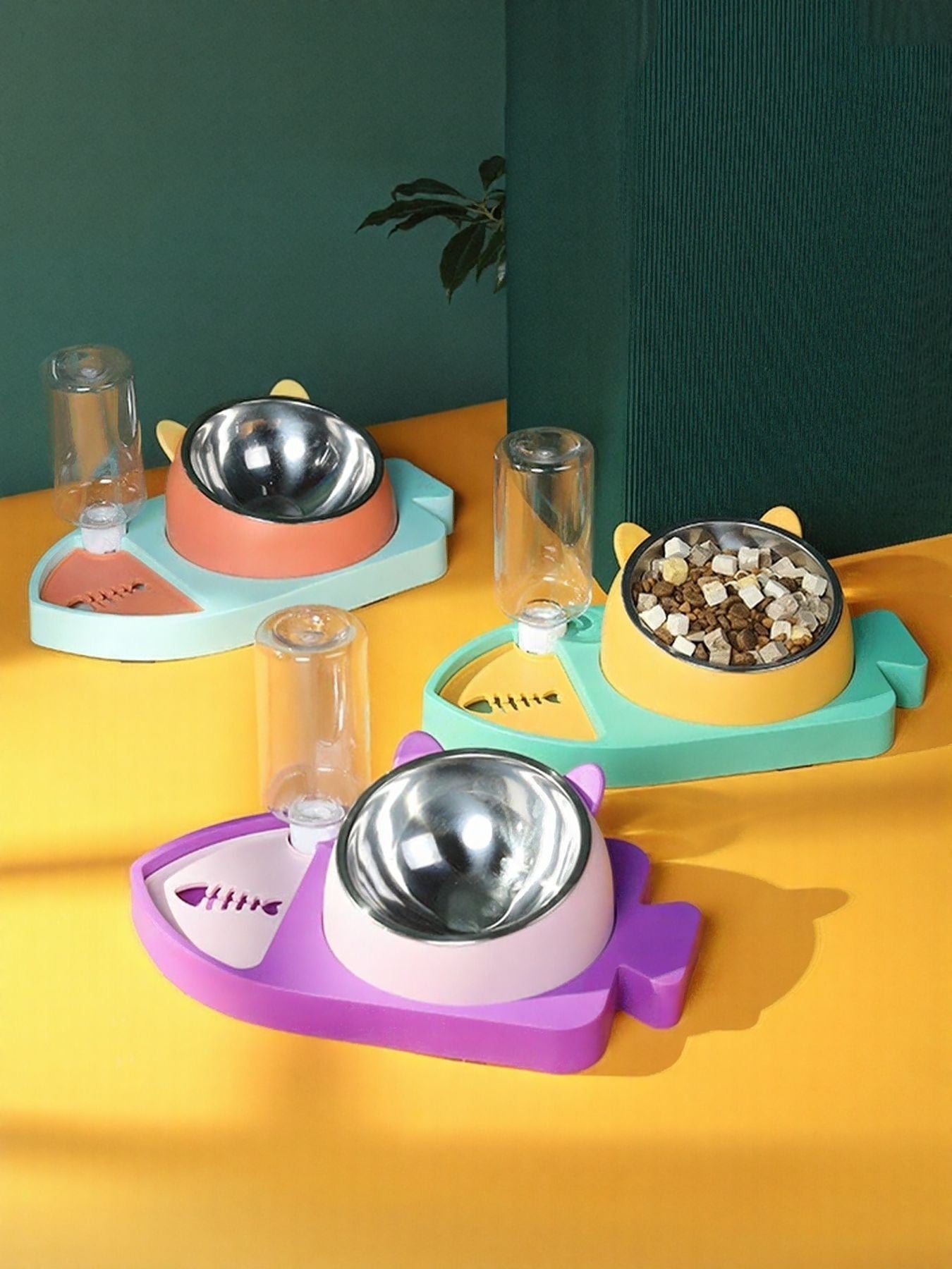 Blue automatic water refill pet bowl with stainless water and dry-food bowls and drink tube