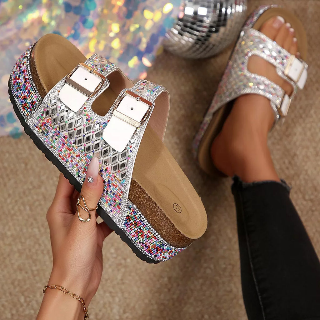 Rhinestone platform sandals with two top buckles and multicolor embellished edges