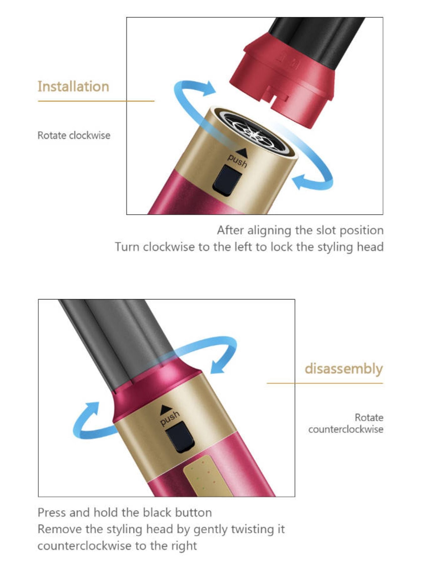 Deep red 5-in-1 hot air brush showing interchangeable head locking and removal